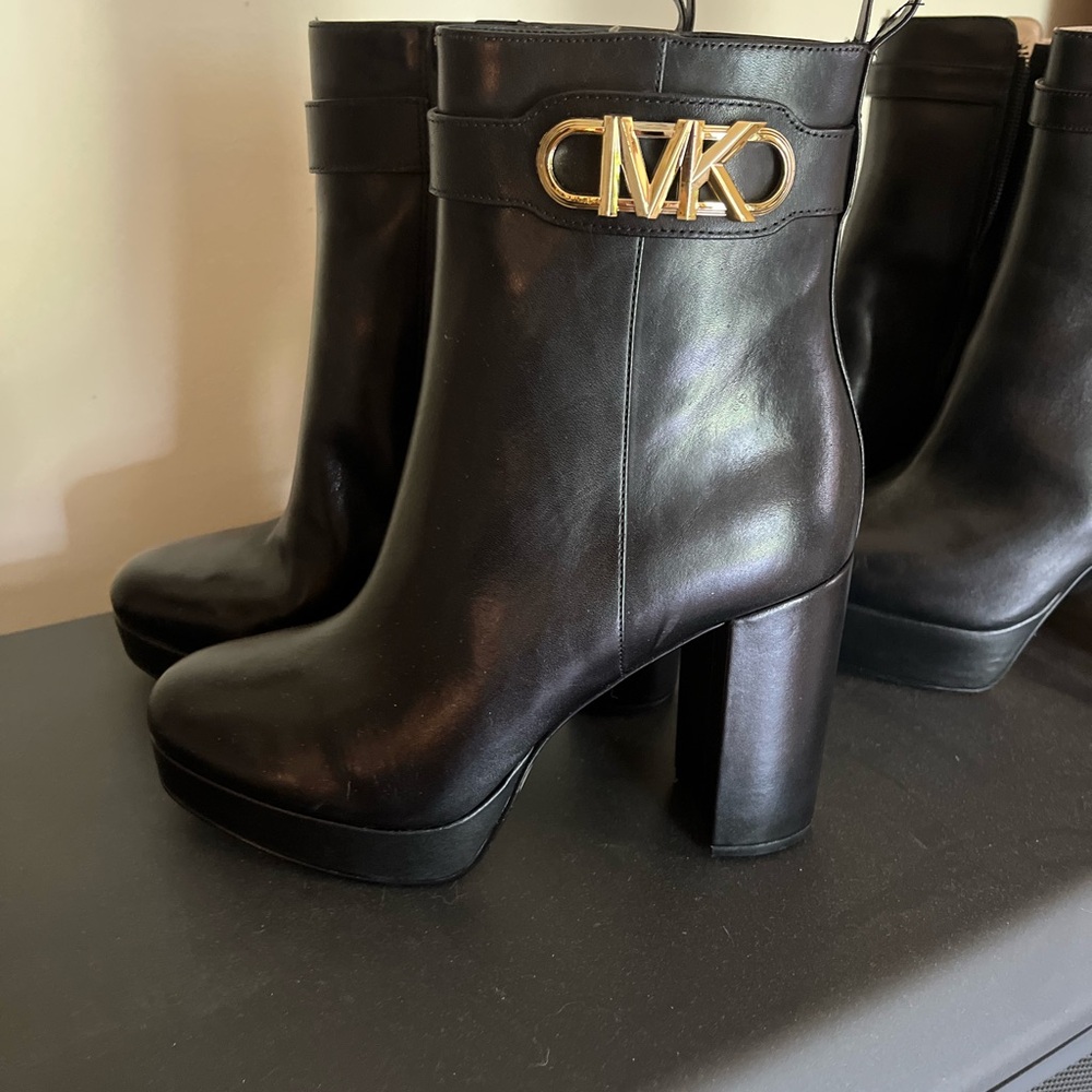 MICHAEL Michael Kors Black Heeled Boots with Gold MK Detail